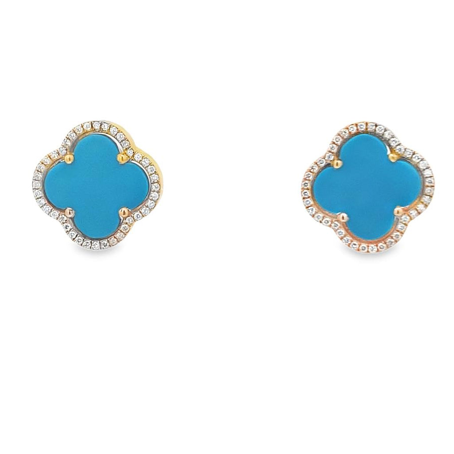 14 Karat Yellow Gold Clover Style Turqoise And Diamond Earrings Estate