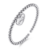 White Sterling Silver Beaded Cuff Bracelet And Dog Bone Engraved Heart