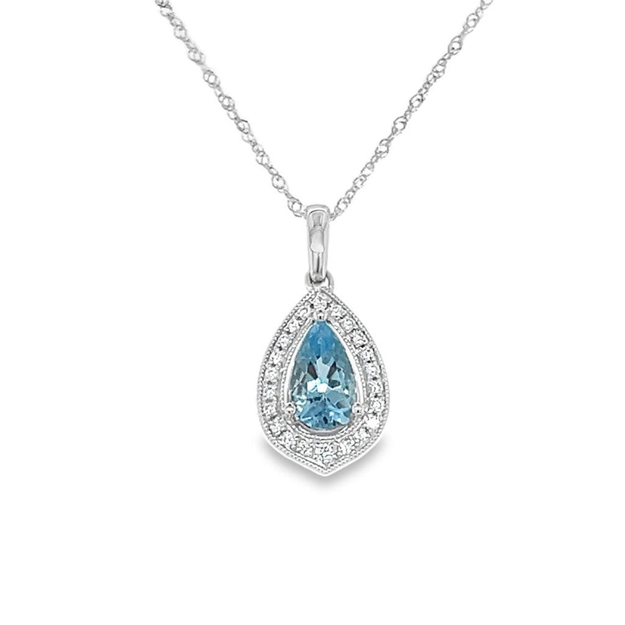 Lady's White 14 Karat Milgrain Halo Aquamarine Necklace