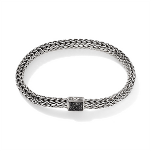 John Hardy Classic Chain Silver Small Reversible Bracelet 6.5mm with Pusher Clasp with Diamond Pave (0.24ct) and Treated Black Sapphire