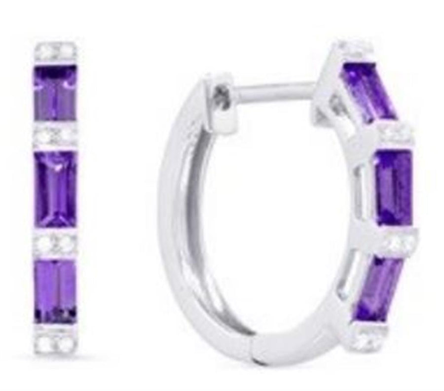 Lady's White 14 Karat Hinged Hoops Earrings 6=0.50tw Baguette Amethyst