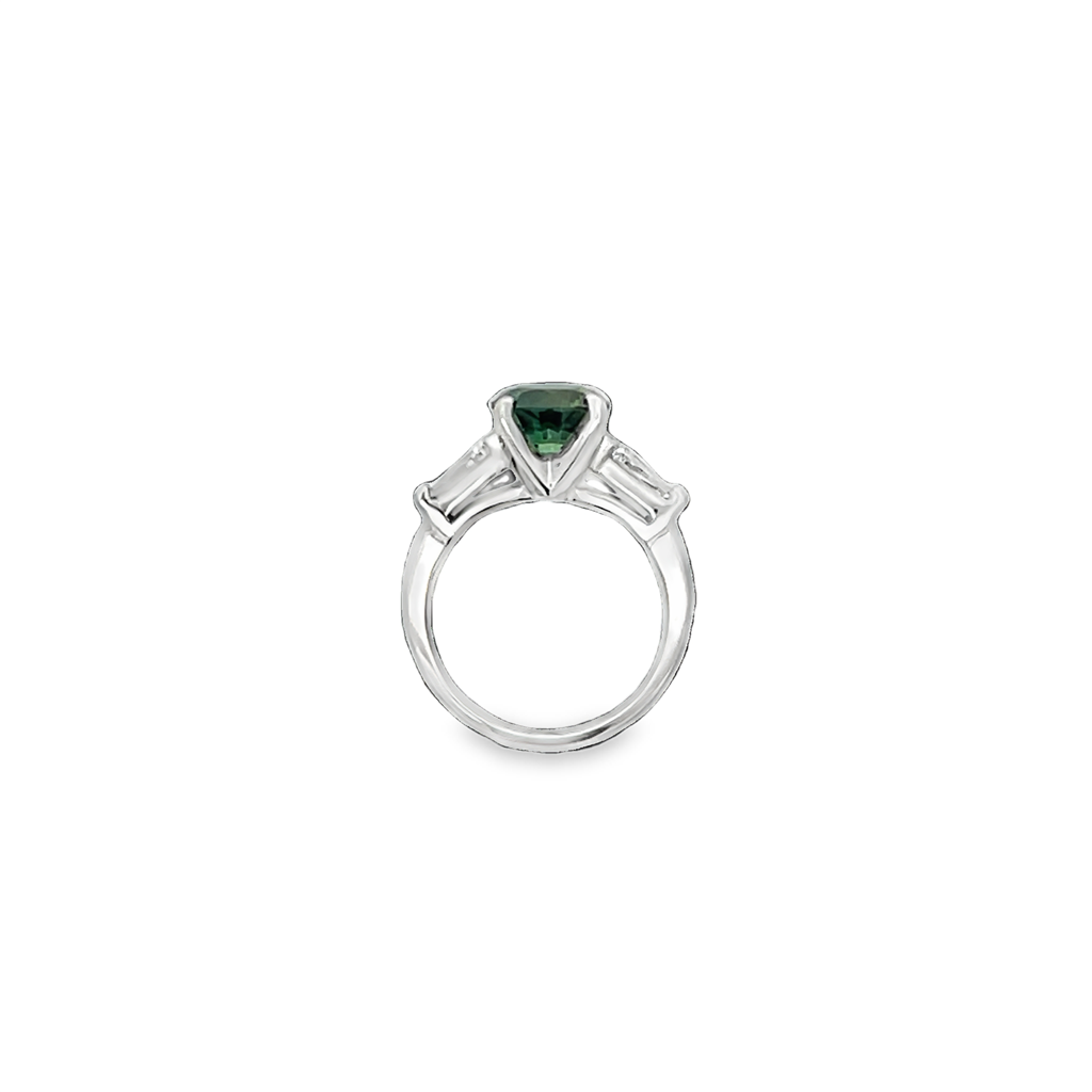 Platinum Green Sapphire & Baguette Diamond Ring Estate Jewelry Size 4.