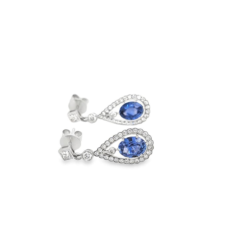 Lady's White 18 Karat Pear Shaped Diamond And Sapphire Drop Earrings E