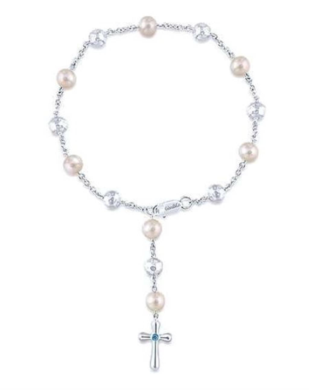 Gabriel & Co. Fashion Sterling Silver Pearl Rosary Bracelet with Blue Topaz Stone Cross