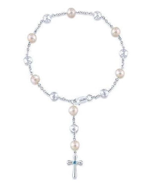 Gabriel & Co. Fashion Sterling Silver Pearl Rosary Bracelet with Blue Topaz Stone Cross