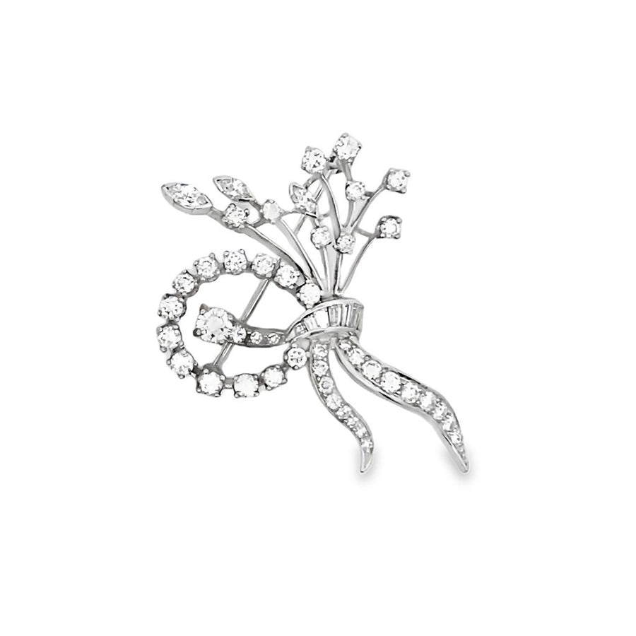 Platinum Vintage Diamond Brooch Estate Jewelry With 3 = 0.31Twt Marqui