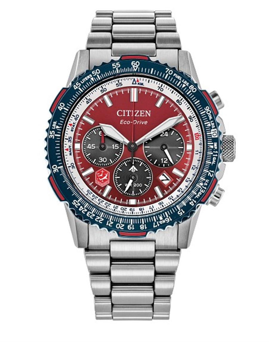 Silver-Tone Stainless Steel Men's Citizen Watch with a Blue/Red Bezel