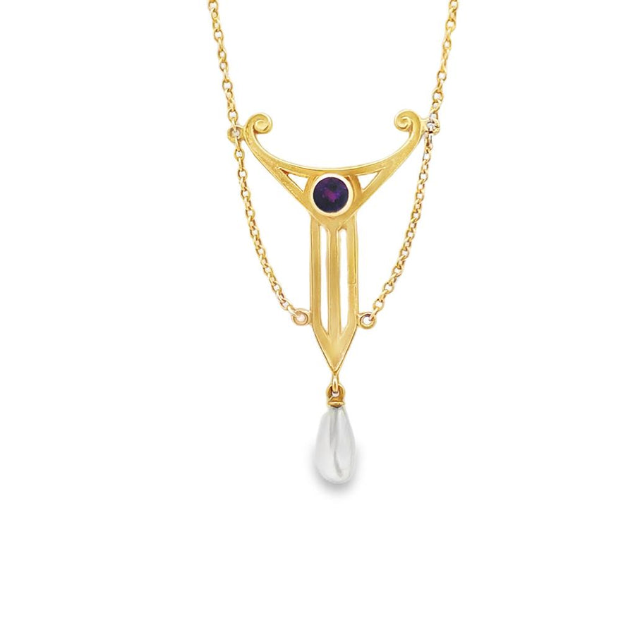 Yellow 14 Karat Art Deco Style Amethyst And Pearl Drop On A 0.90mm Cab