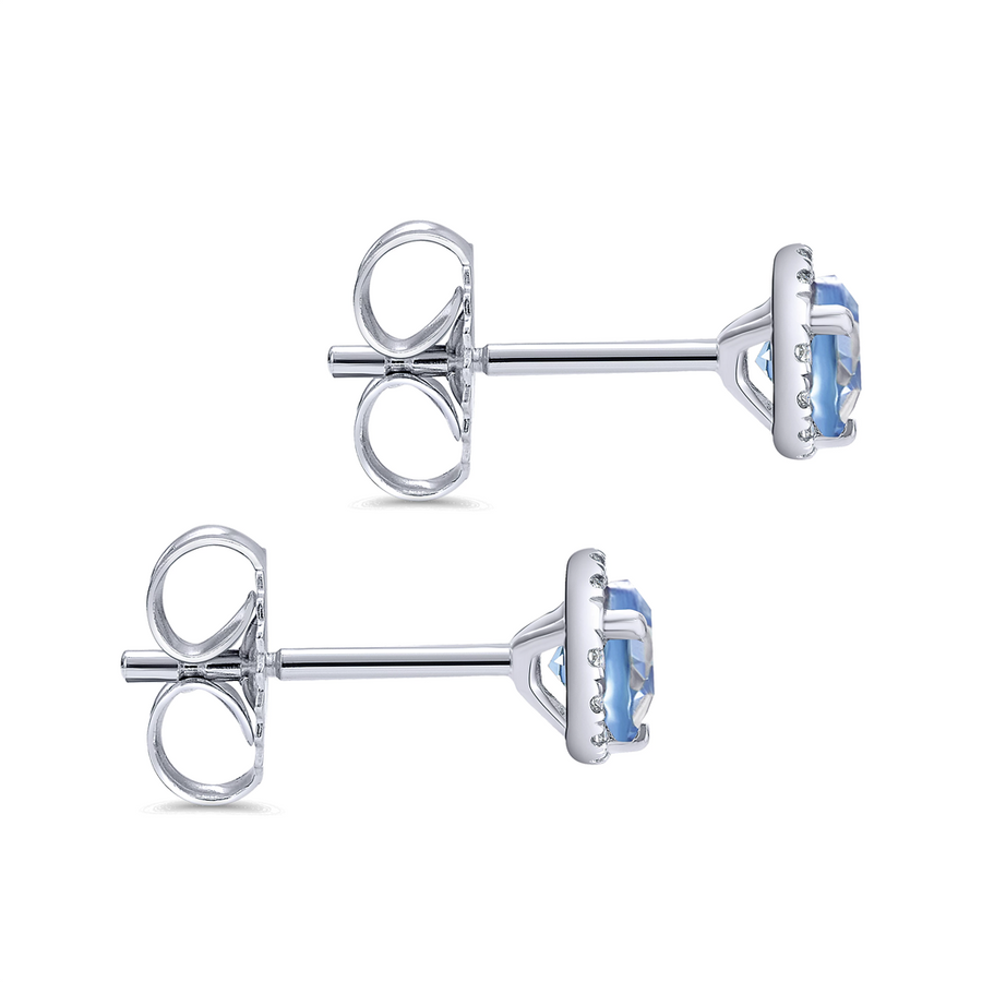 Gabriel & Co. Fashion 14K White Gold Diamond Halo   Swiss Blue Topaz Stud Earring