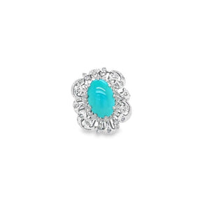 White 18 Karat Turquoise Ring With Diamond Halo Estate Jewelry Gram Weight: 8.82