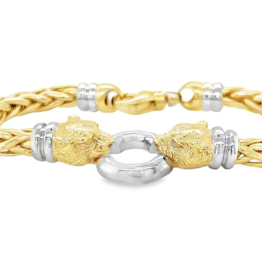 Two-tone 14 Karat 6.3mm Double Panther Head Wheat Chain Bracelet