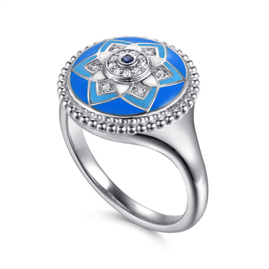 White Sterling Silver Blue Enamel Signet Ring Ring Size 6.5 15 = 0.06T