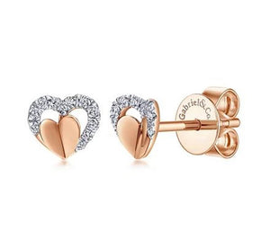 Lady's Rosé 14 Karat Open Heart Layered Diamond Stud Earrings With 22