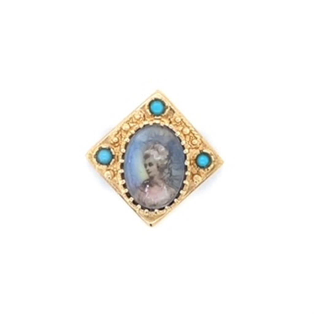 Yellow Hand Painted 14 Karat Portrait Slide Estate Jewelry 3= ROUND Turquoises Gram Weight: 4.6