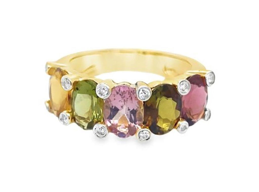 Yellow 14 Karat Multi-Color 5-Row Fashion Ring With Bezel Accented Pro