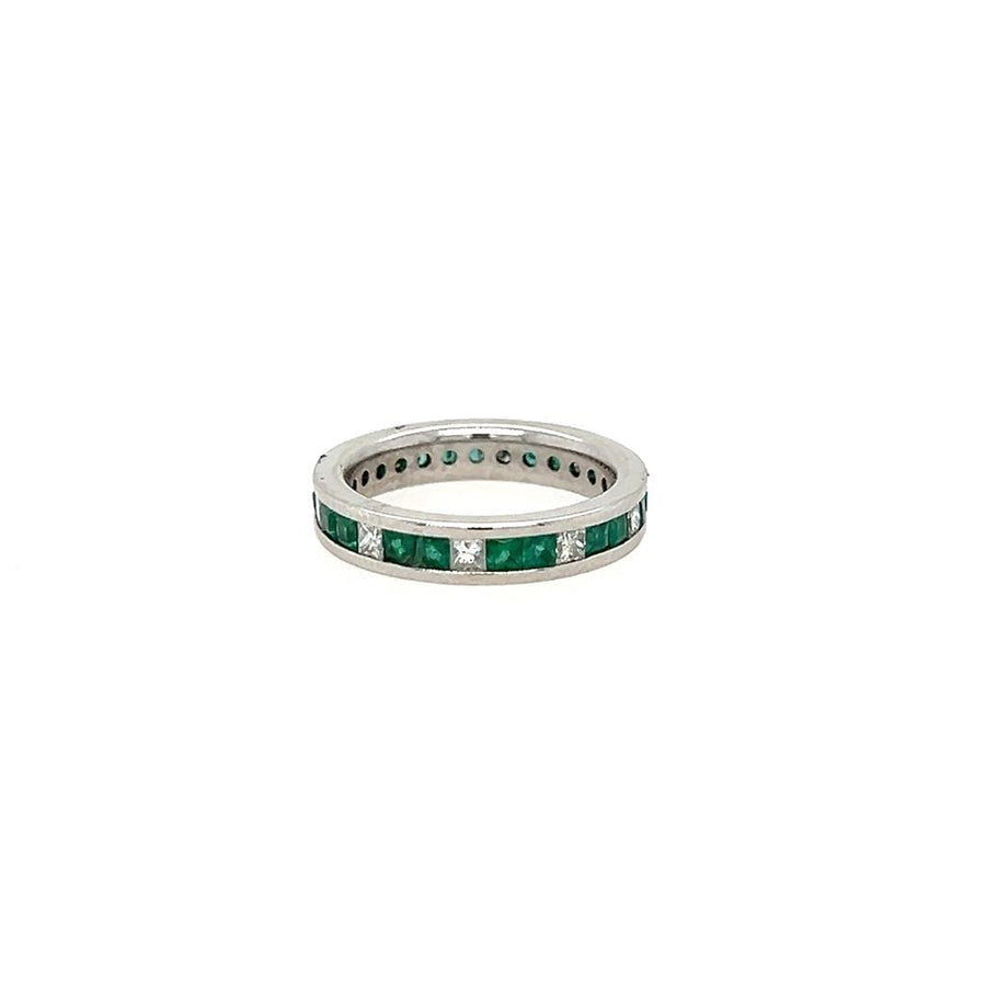 Estate Eternity Band, Stuller channel-set 3.75mm band with ten (10) 1.6mm princess cut diamonds, .30ctwD, and twenty (20) 1.6mm square emeralds, .80ctwE, size 5.