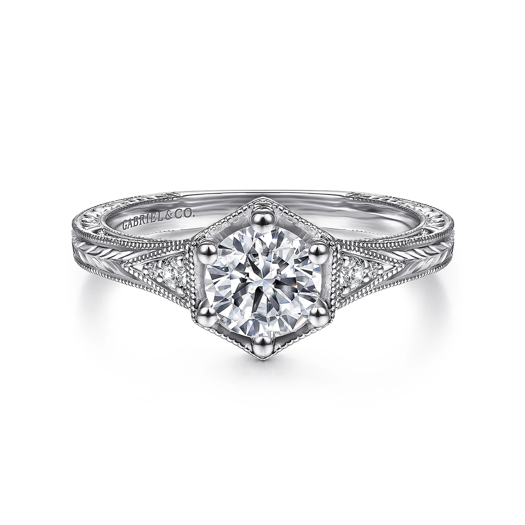 Gabriel & Co. Priya - Vintage Inspired 14K White Gold Round Diamond Engagement Ring