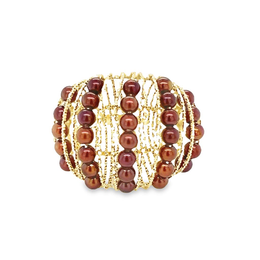 Yellow 14 Karat Polished/Diamond Cut Wire Strung Oblong Brown Pearl Ring Estate Jewelry Size 7 31=2.80x2.80mm Cultured Chocolate/Copper Pearls Gram Weight: 5.63