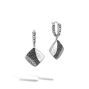 John Hardy Classic Chain Hammered Silver Square Drop Earrings with Treated Black Sapphire and Black Spinel