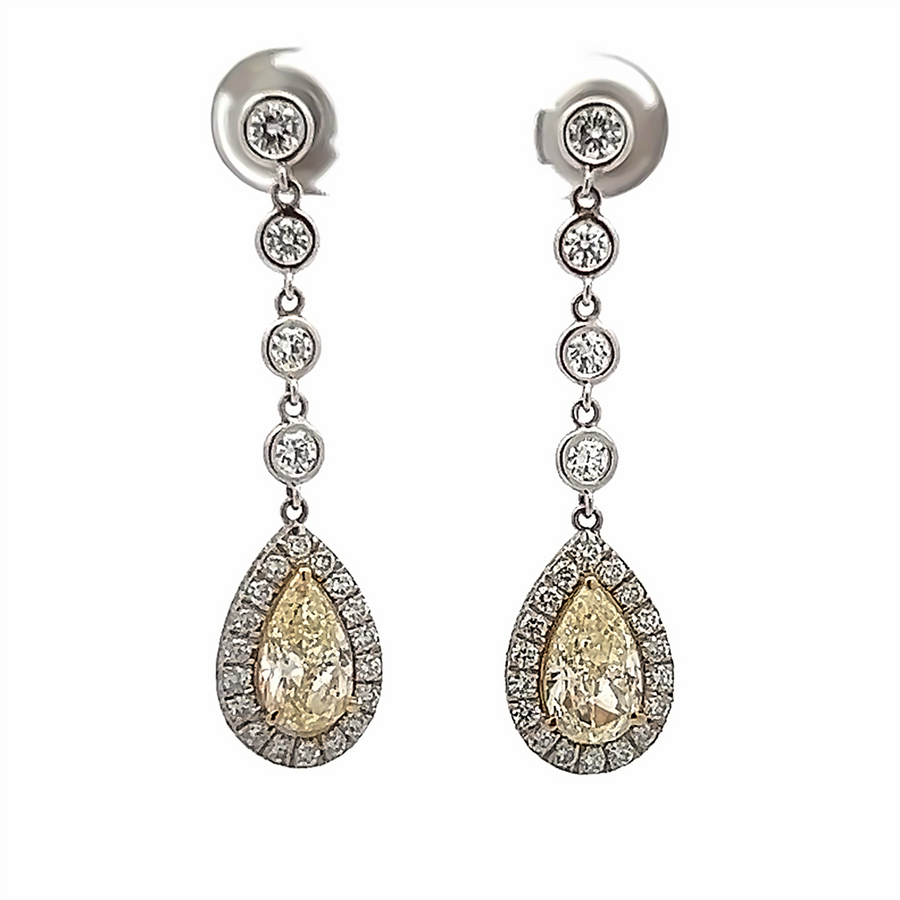 Estate Fancy Intense Yellow Pear Shape Diamond Halo Drop Earrings