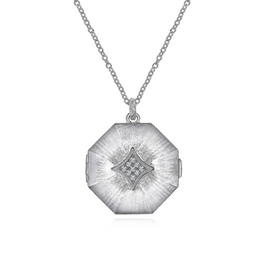 Gabriel & Co. Silver 25 inch 925 Sterling Silver Octagonal Locket Necklace with White Sapphire