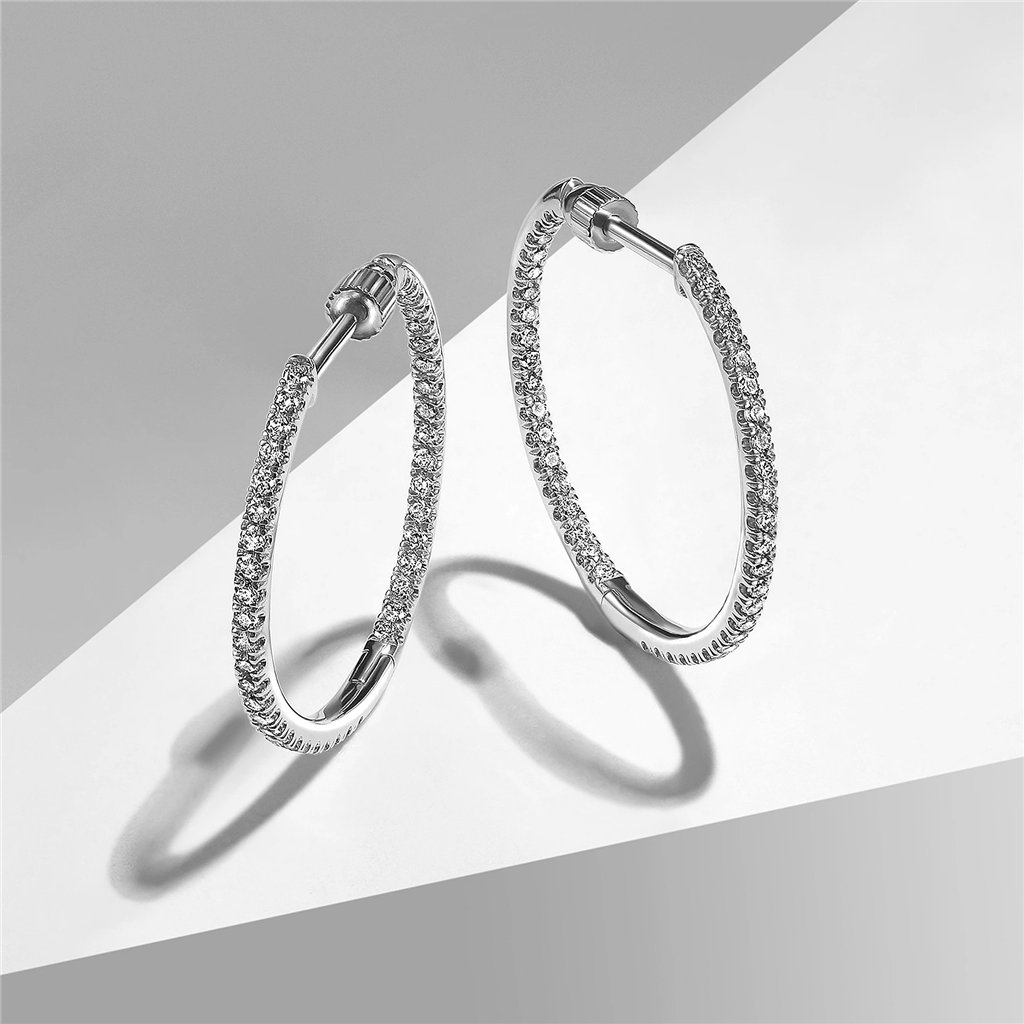 Gabriel & Co. Fashion 14K White Gold French Pave 20mm Round Inside Out Diamond Hoop Earrings