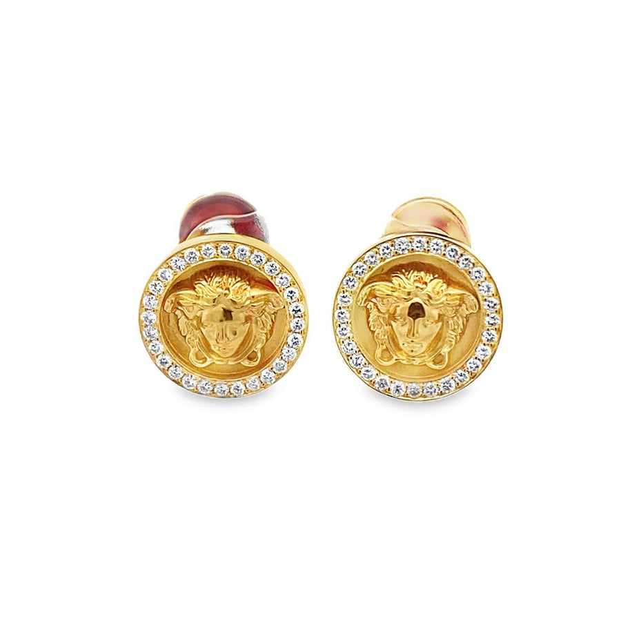 Yellow 18 Karat Versace Medusa Circle Stud Earrings With Pave Diamonds