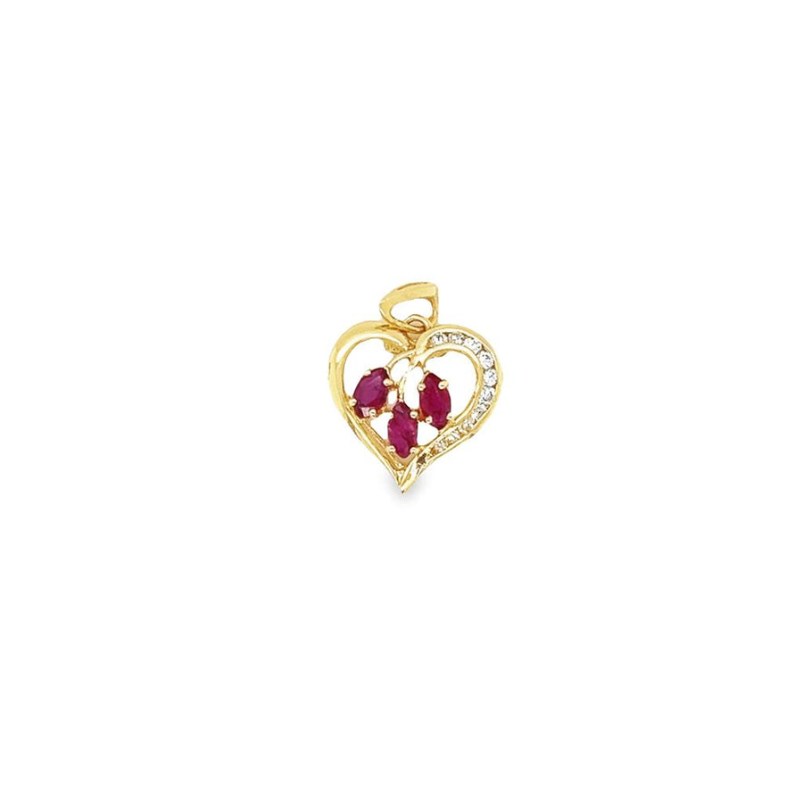 Yellow 14 Karat Open Heart Pendant Estate Jewelry 10=0.10tw Round Diamonds
3=4.10x2.30mm Marquise Rubys Gram Weight: 1.32