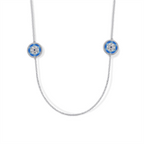 Lady's White Sterling Silver Blue Enamel Pendant And Cable Link Chain