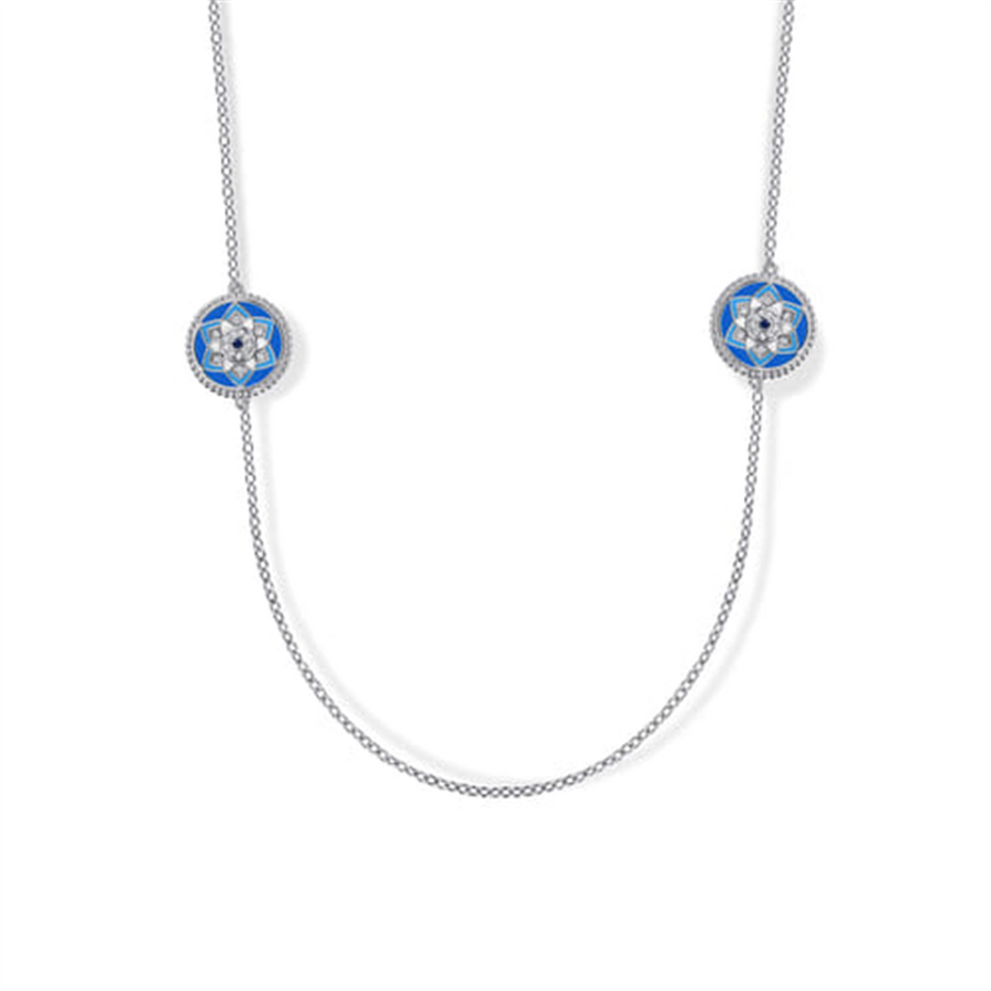 Lady's White Sterling Silver Blue Enamel Pendant And Cable Link Chain