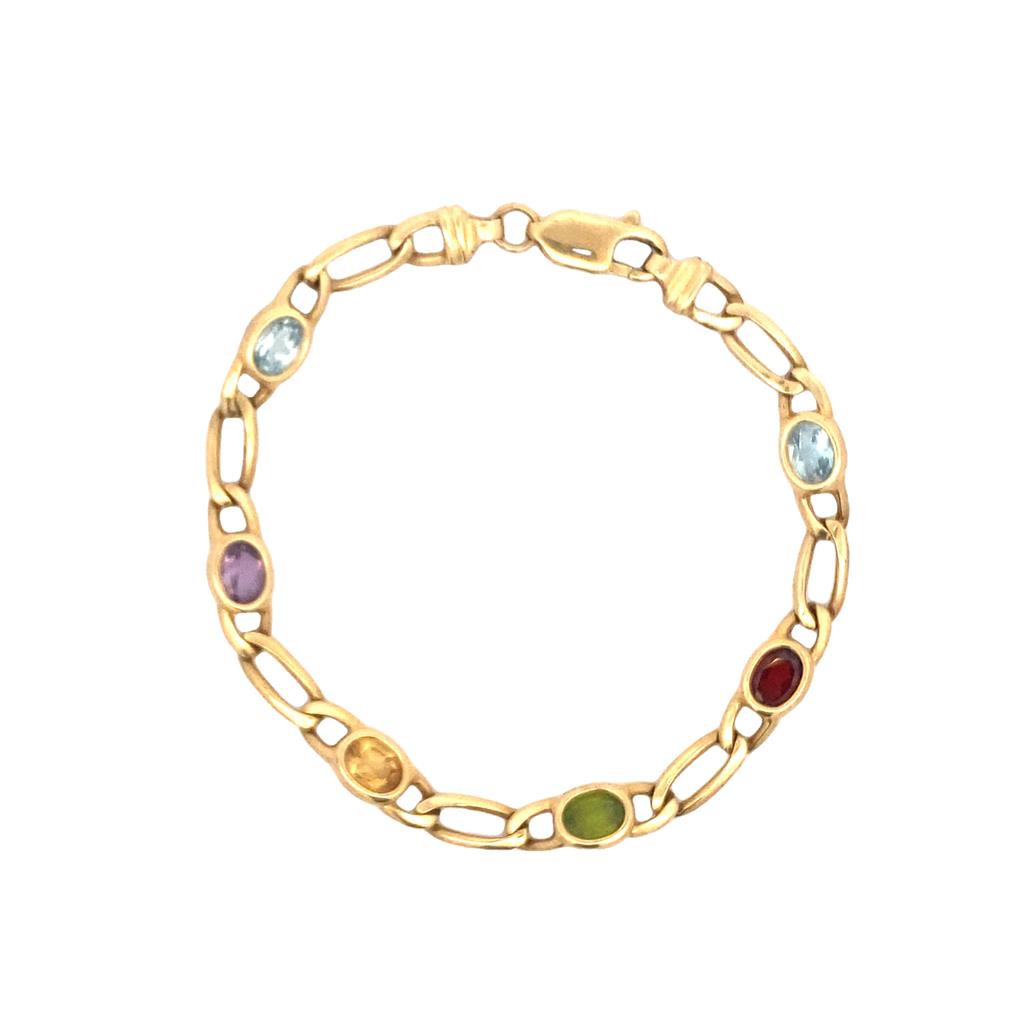 Yellow Polished 14 Karat Multi-Colored Oval Stone Chain Bracelet Estate Jewelry Length 7.5 2= Oval Blue Topazs
one Oval Amethyst
one Oval Citrine
one Oval Peridot
one Oval Garnet 
Gram Weight: 9.9