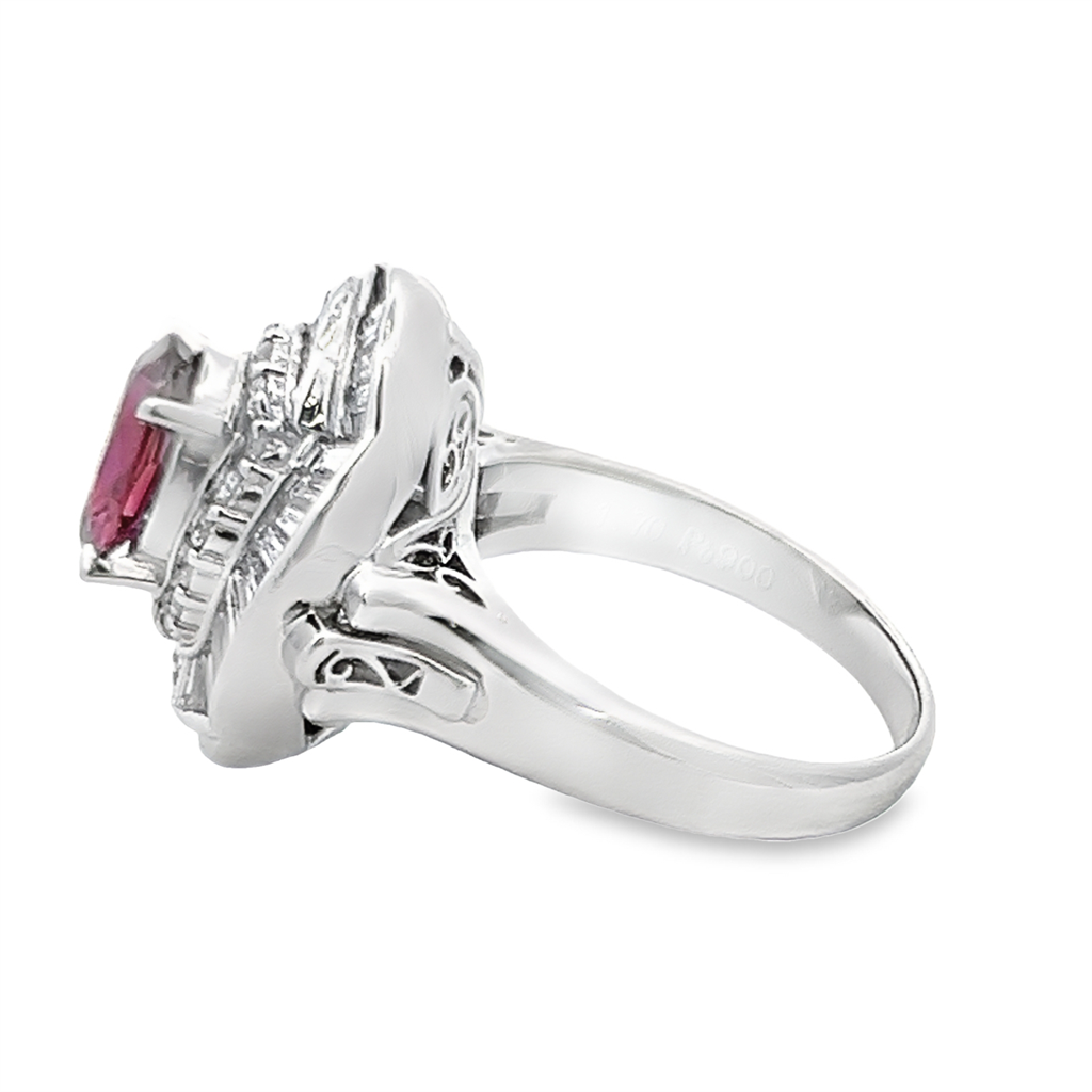 Estate Platinum Oval Ruby with Baguette Diamond Ballerina Ring