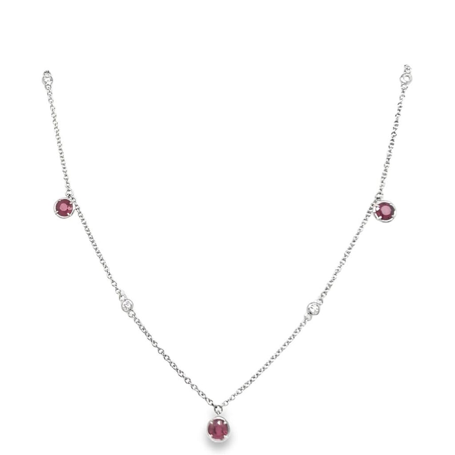 Lady's White 14 Karat Chain Necklace With Ruby Dangles And Diamond Bez