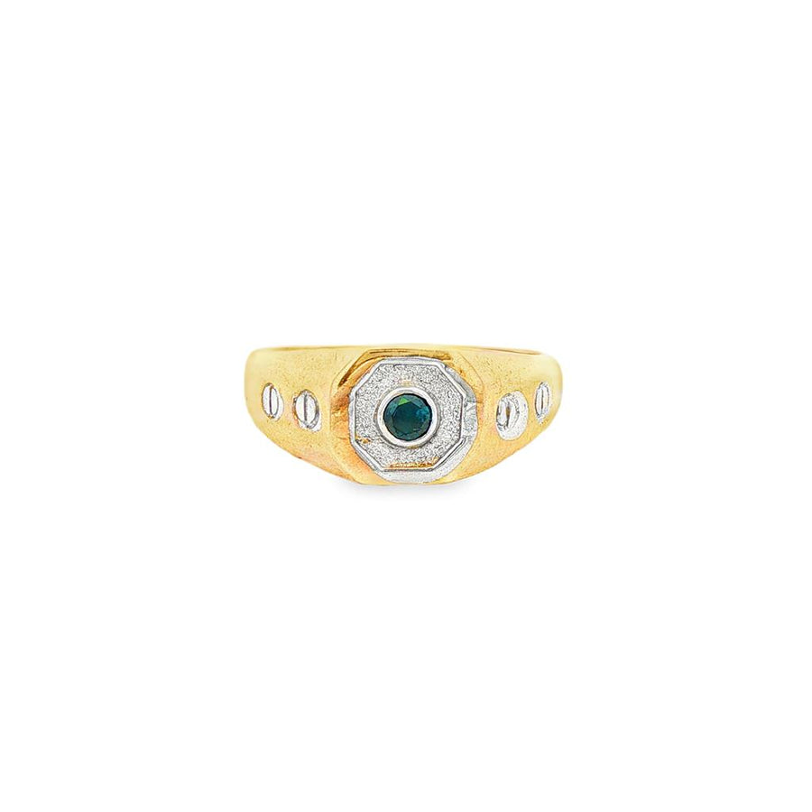 Two-Tone 14 Karat Screw Motif Ring With A Round Bezel Set Irradiaded B