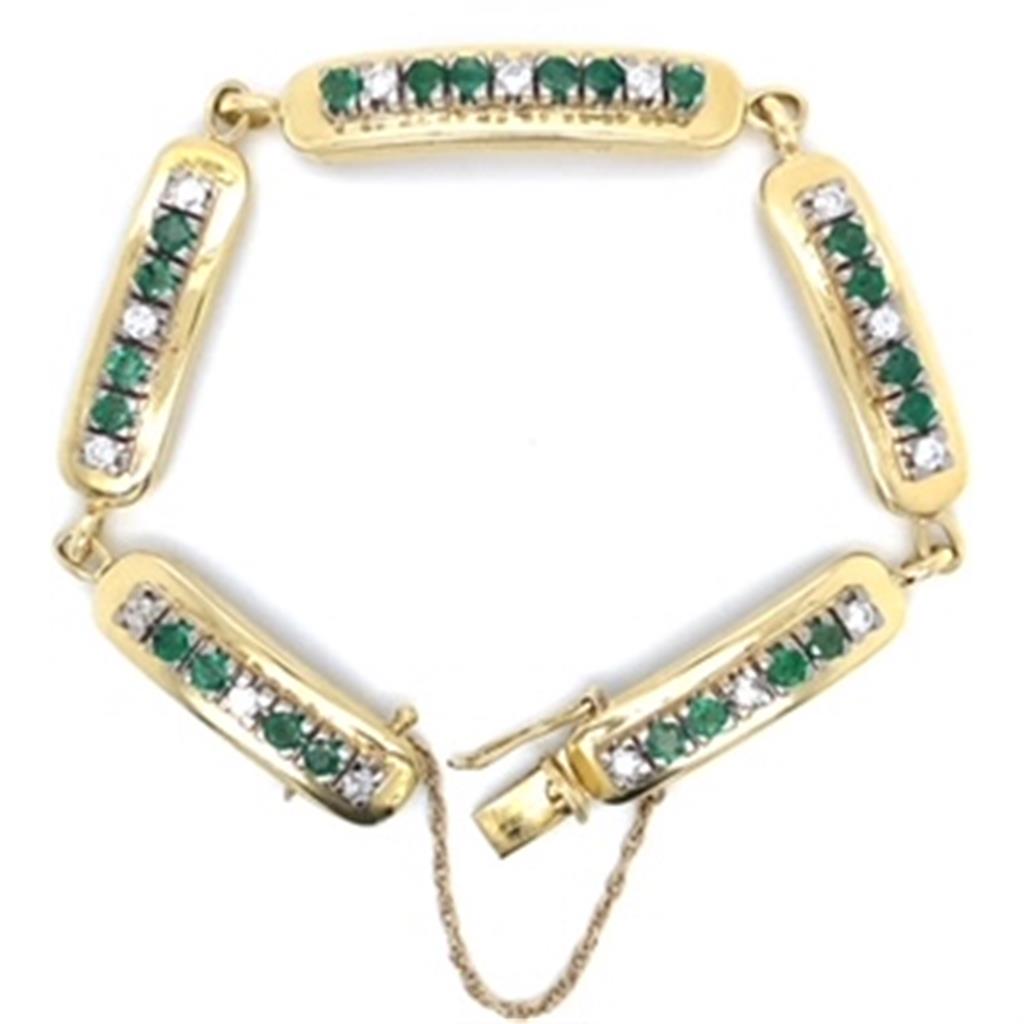 Estate Ladies Emerald and Diamond Handmade Link Bracelet 14KT Yellow Gold