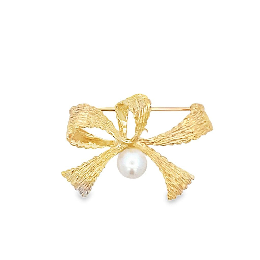 Yellow 14 Karat Bark 31.40X23.10mm Bow Brooch With Pearl Estate Jewelr
