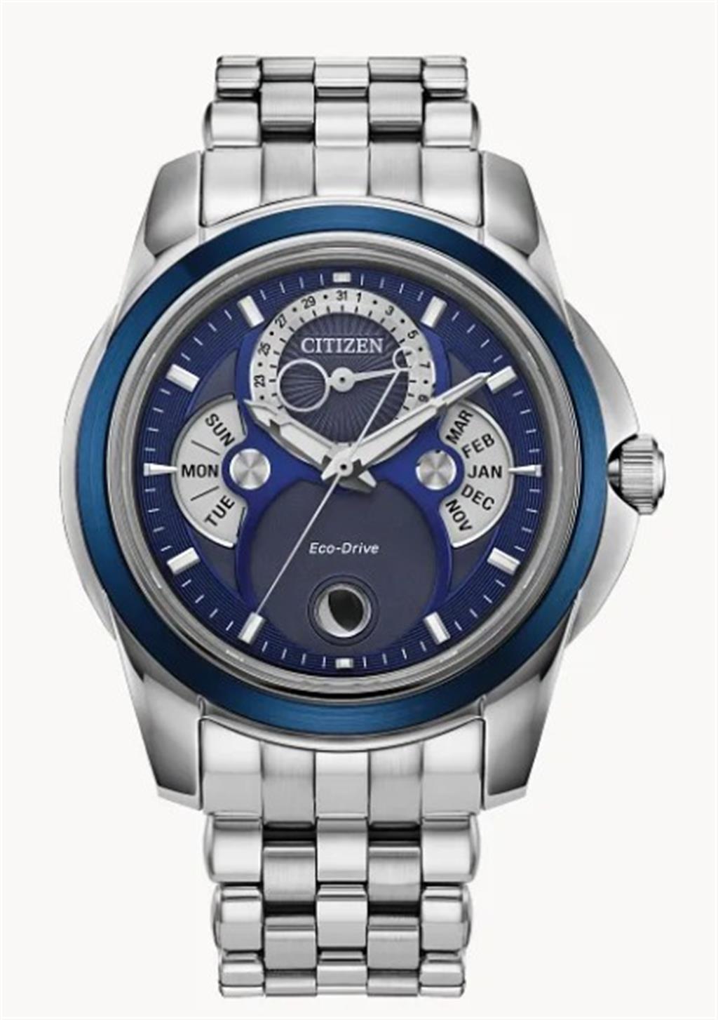 Blue Stainlesssteel Men's Calendrier Day Date Moonphase Watch Strap/Br