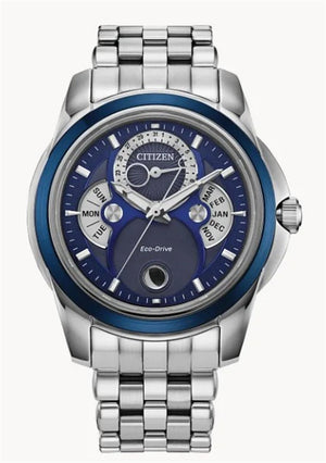 Blue Stainlesssteel Men's Calendrier Day Date Moonphase Watch Strap/Br