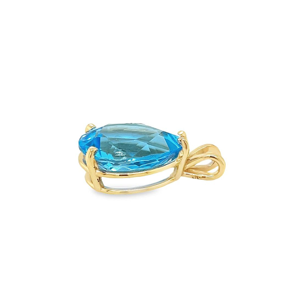 Yellow 14 Karat Pear Blue Topaz 4 Prong Basket Pendant