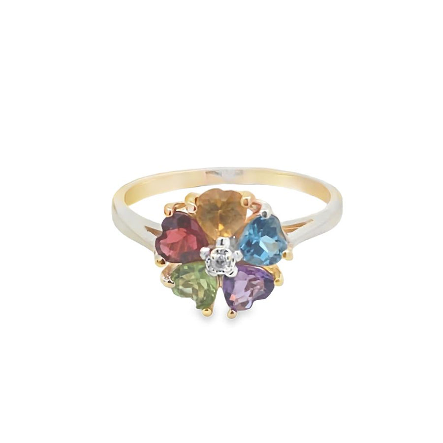 Yellow 10 Karat Multi-Color Gemstone And Diamond Flower Ring Estate Je