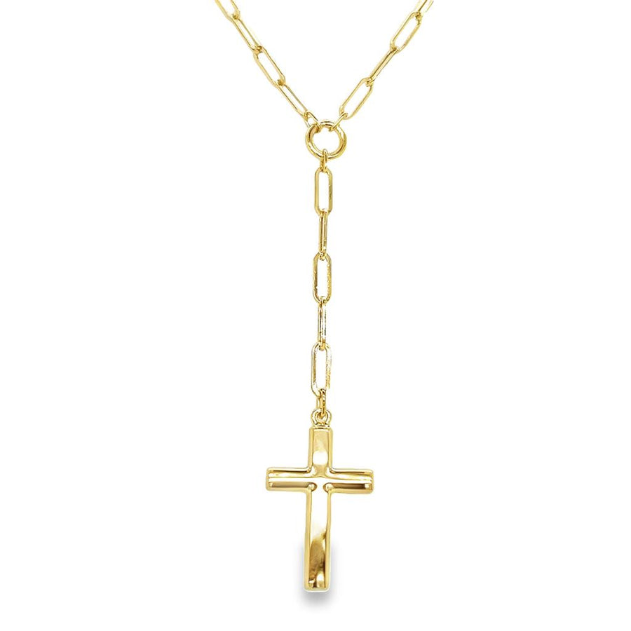 Cross Lariat Paperclip Gold Necklace