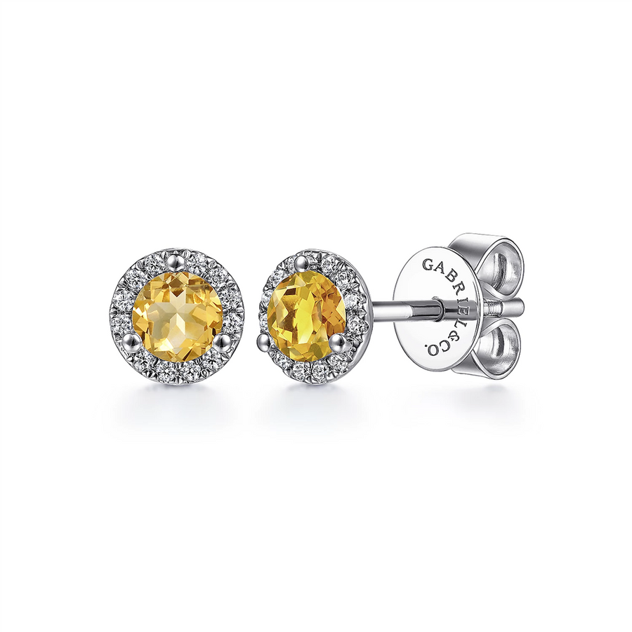 Gabriel & Co. Fashion 14K White Gold Halo Citrine and Diamond Stud Earring