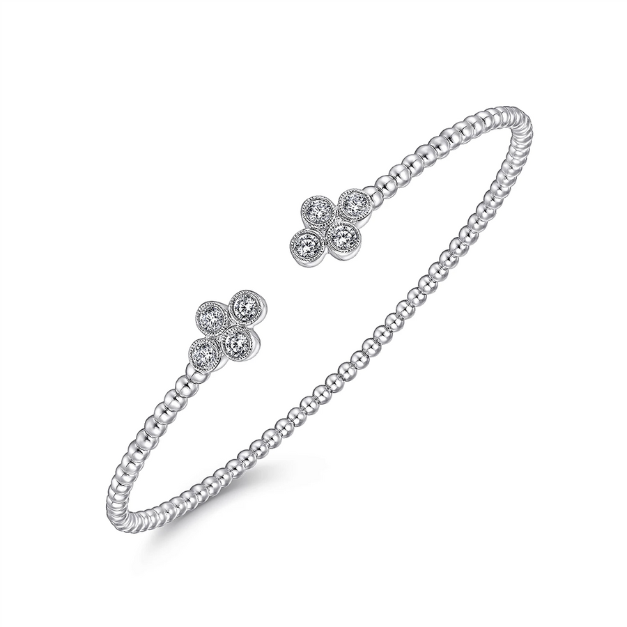 Gabriel & Co. Fashion 14K White Gold Bujukan Bead Split Cuff Bracelet with Quatrefoil Diamond Endcaps