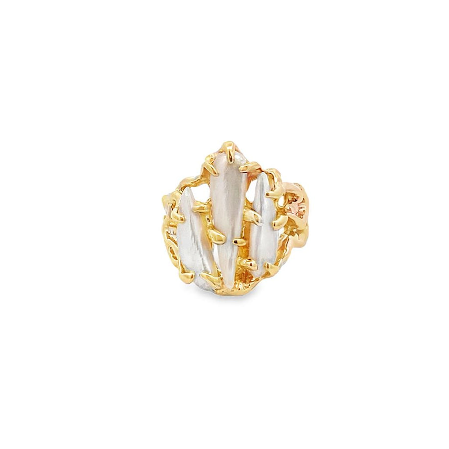 Yellow 14 Karat Wide Band With 3 Elongated Tennessee Pearls Estate Jew