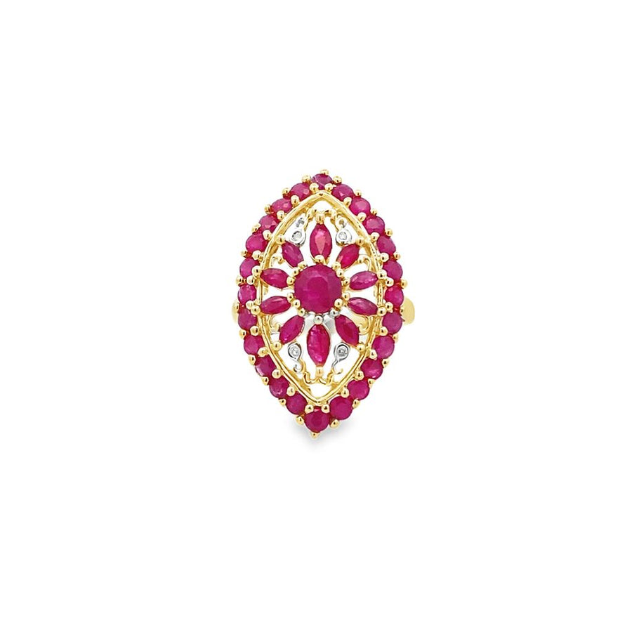 Yellow 14 Karat Marquise Ruby Halo And Floral Ring Estate Jewelry Size