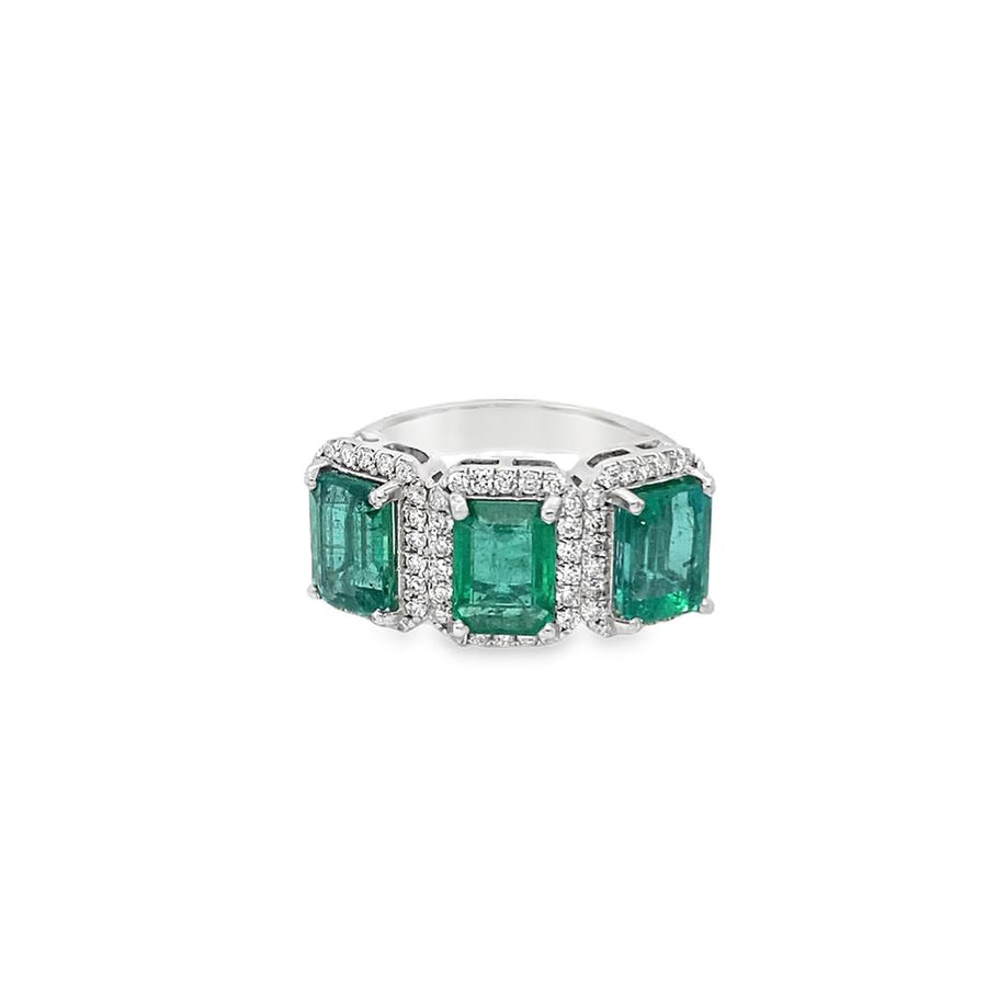Three Stone Emerald and Diamond Halo Ring