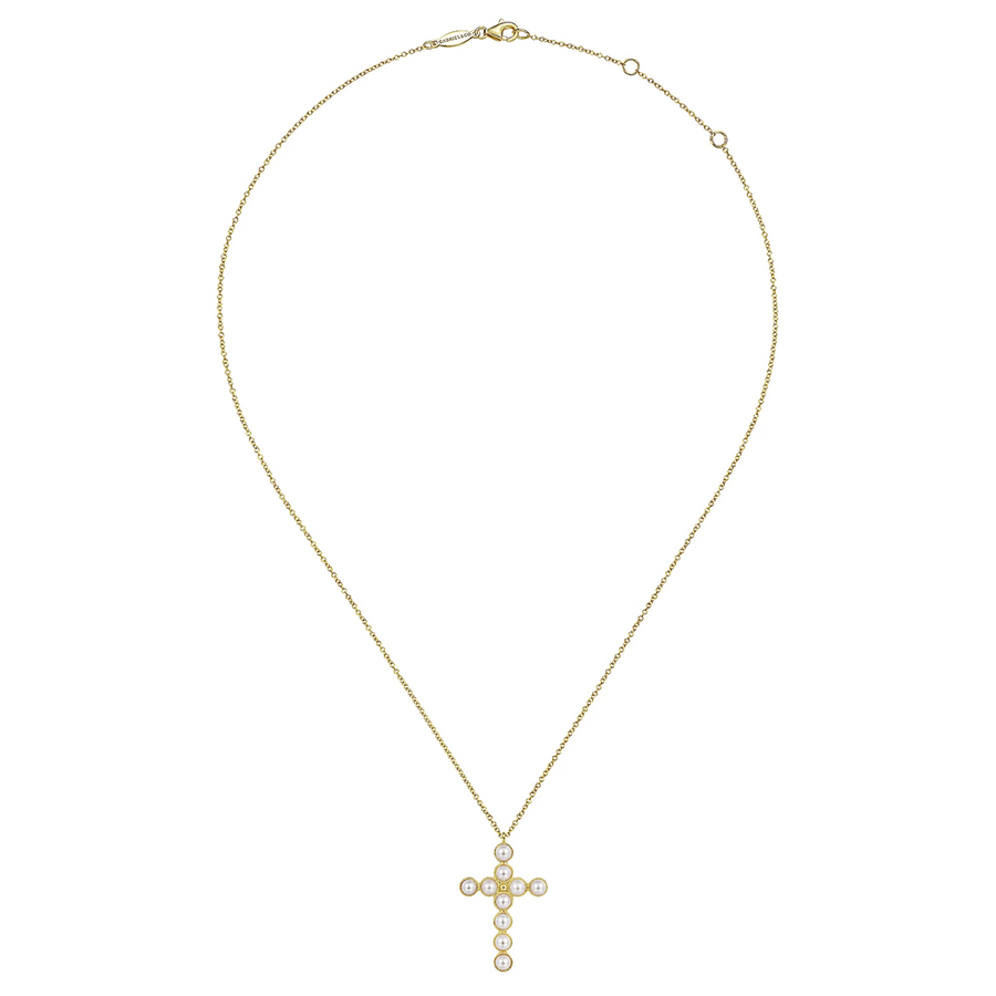 Gabriel & Co. Fashion 14K Yellow Gold Pearl Cross Pendant Necklace