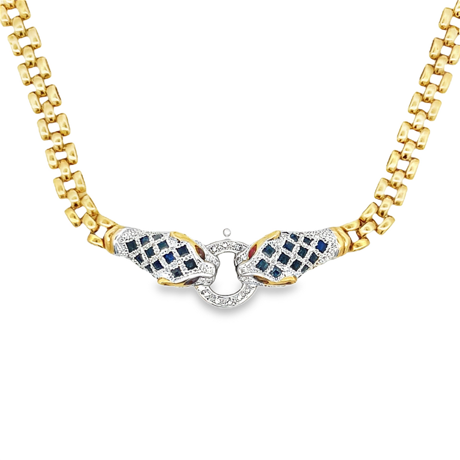 Yellow 18 Karat Panther Sapphire & Diamond Necklace Estate Jewelry Len