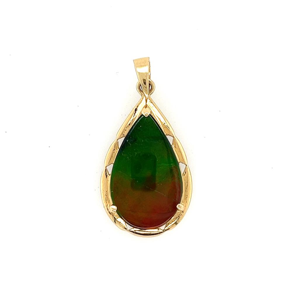 Yellow 14 Karat Korite Rene' Pendant Estate Jewelry With One 21.60X13.24Mm Pear Ammolite