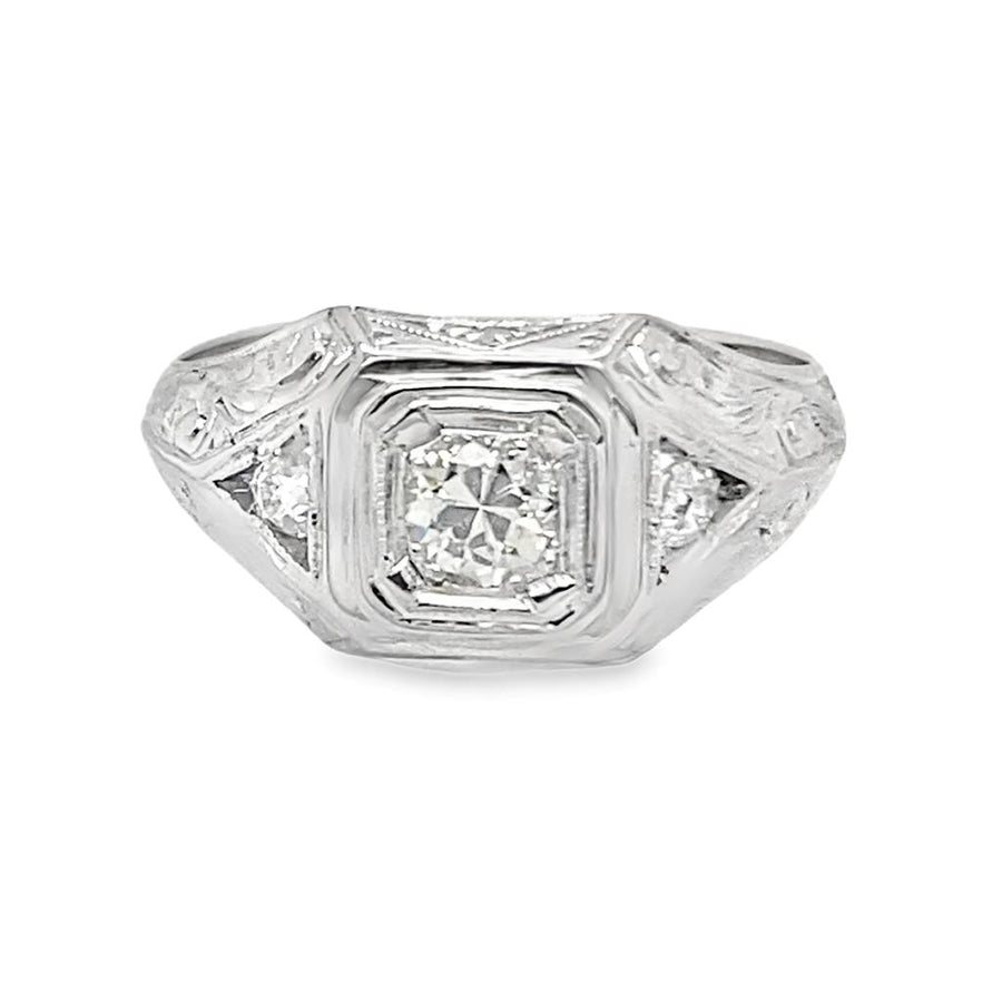 Estate Engraved 3 Stone Engagement Ring